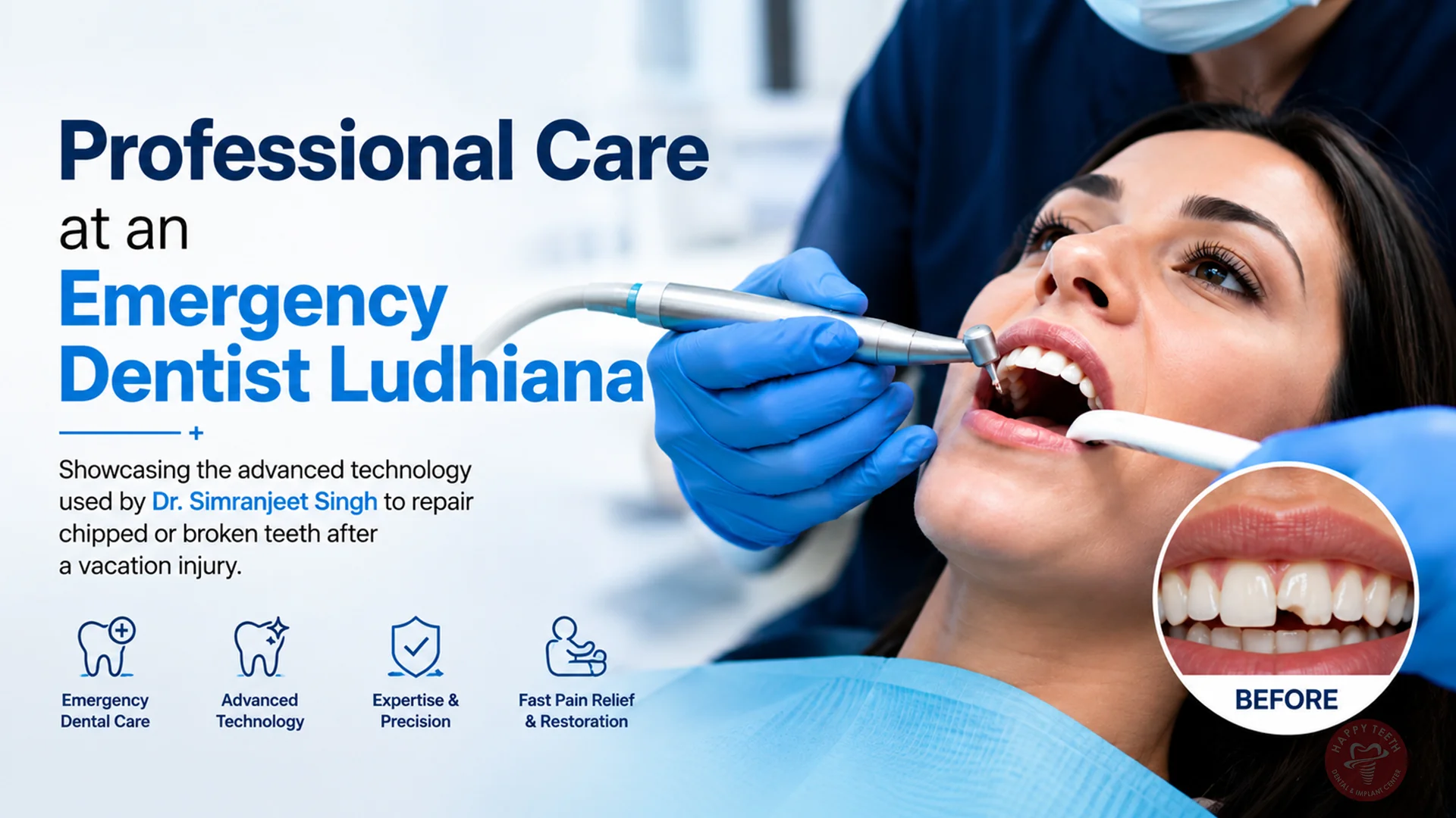 Dental Emergencies on Vacation: What to Do If You Chip a Tooth While Traveling 1 A restorative dental procedure being performed by an emergency dentist Ludhiana at Happy Teeth Dental.