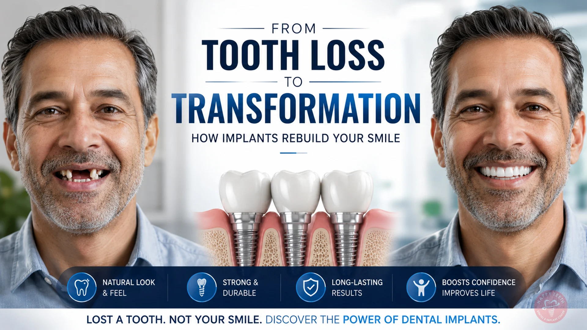 From Tooth Loss to Transformation: How Implants Rebuild Your Smile 1 A side-by-side comparison showing the tooth loss to transformation of a patient’s smile.