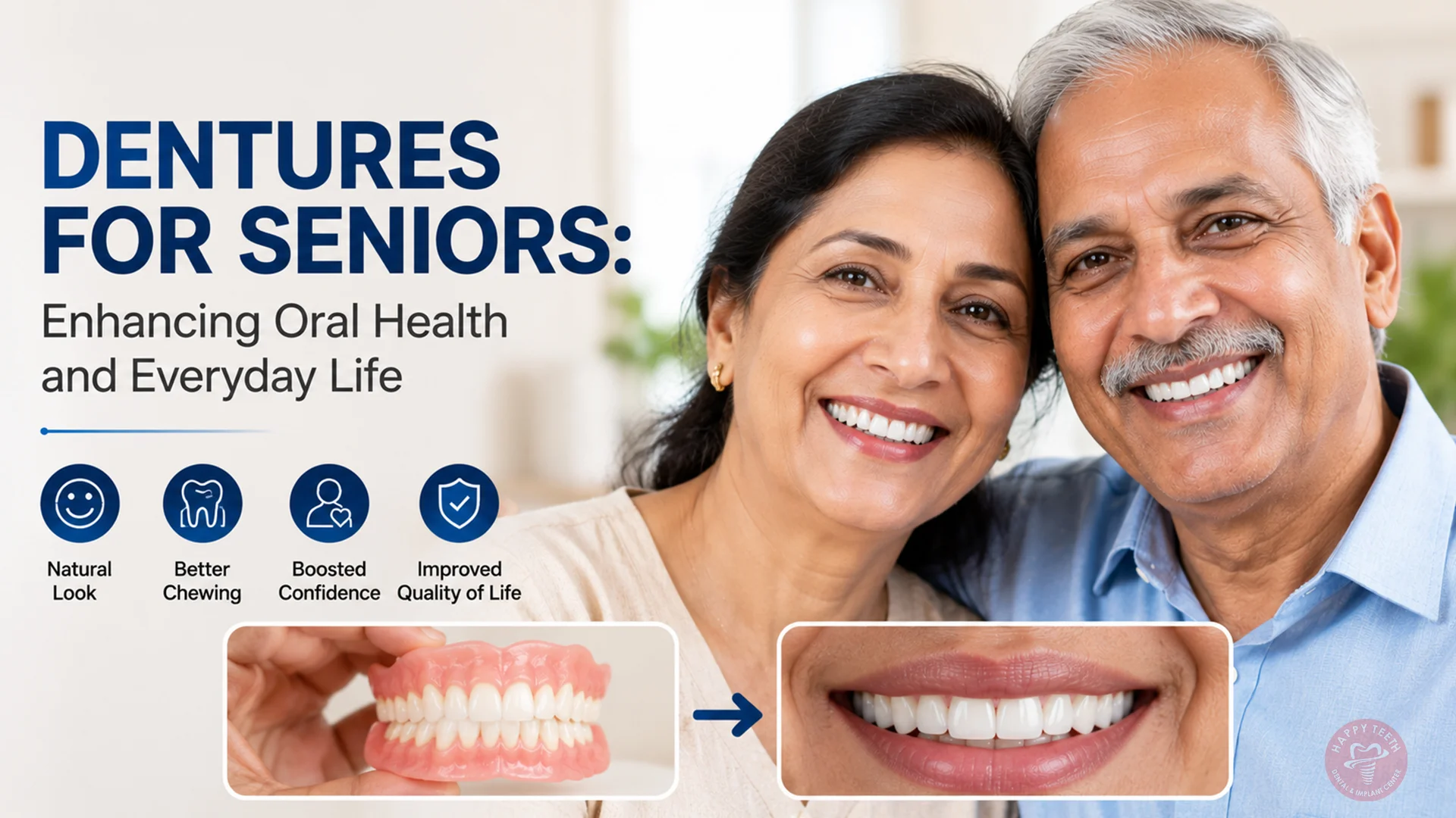 A senior patient smiling confidently with their new set of Dentures for Seniors.
