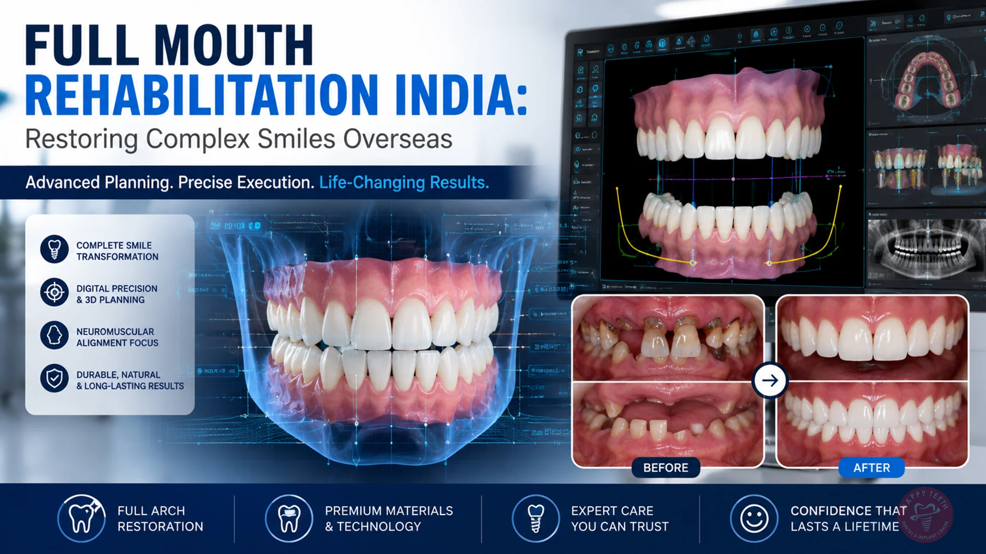 Advanced 3D digital planning interface used for designing a Full Mouth Rehabilitation India treatment plan.