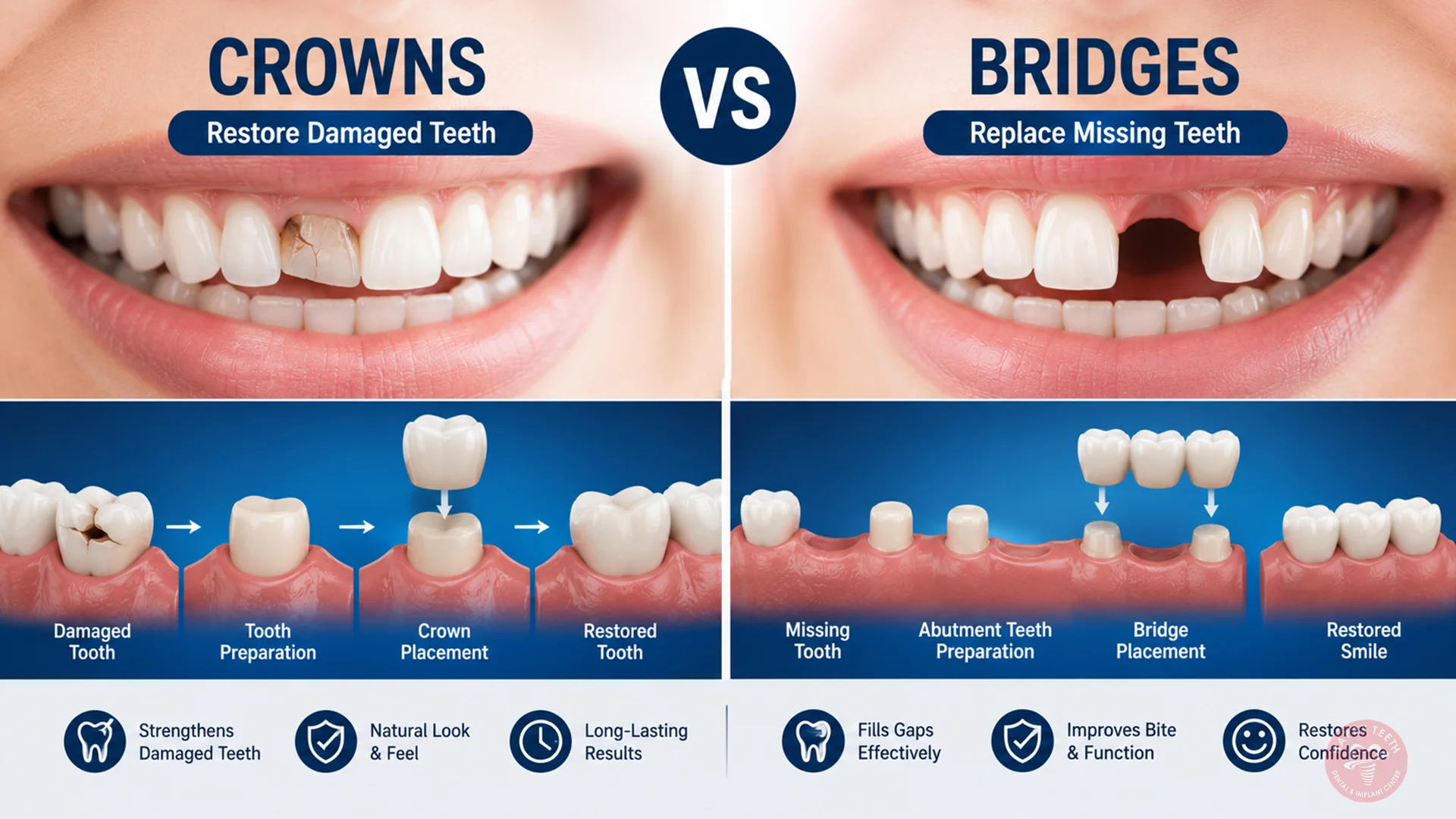 Blog 4 Crowns vs. Bridges: A clear visual breakdown comparing dental crowns and dental bridges used to restore damaged teeth.