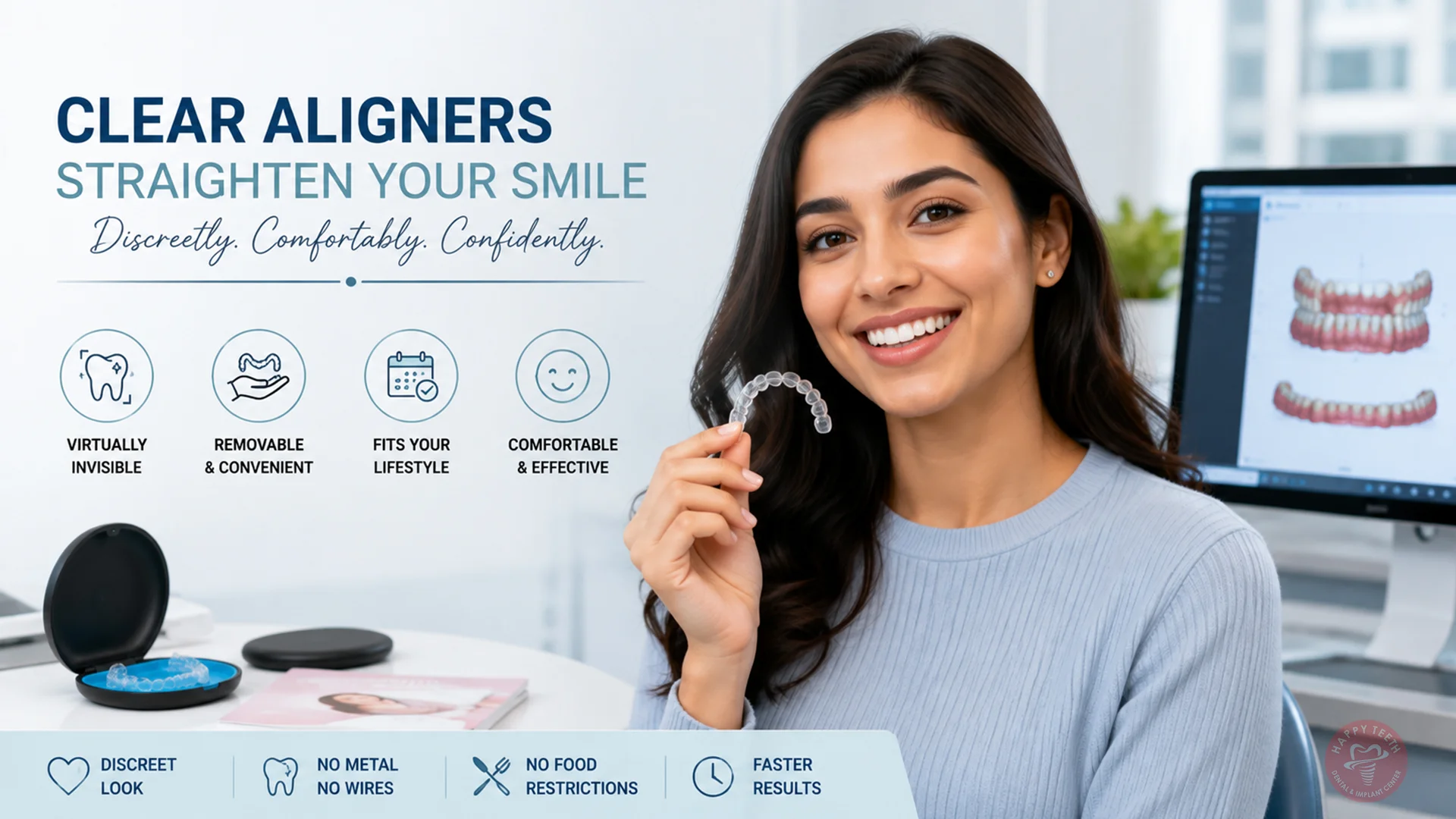 Blog 1 A smiling patient holding custom clear aligners in Ludhiana for discreet teeth straightening.