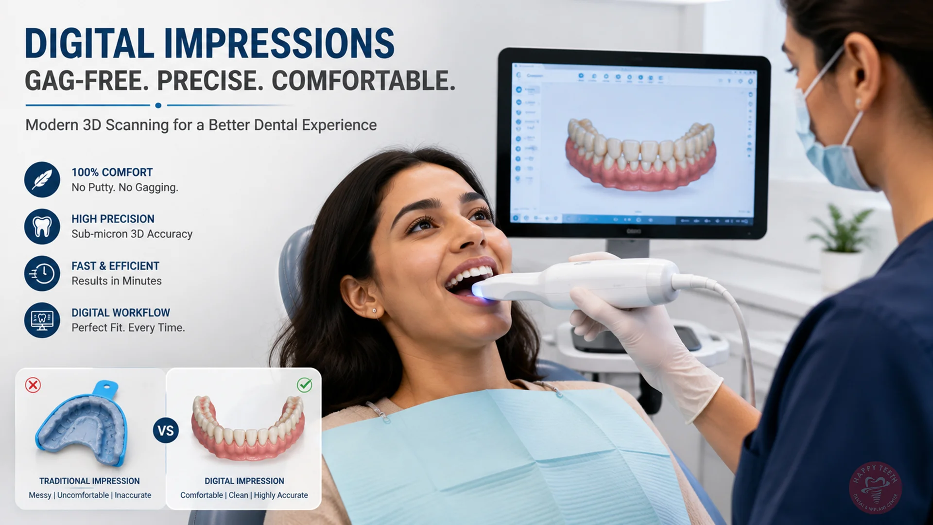 A comfortable patient receiving digital impressions in Ludhiana with a high-speed intraoral optical wand at Happy Teeth Dental & Implant Centre.