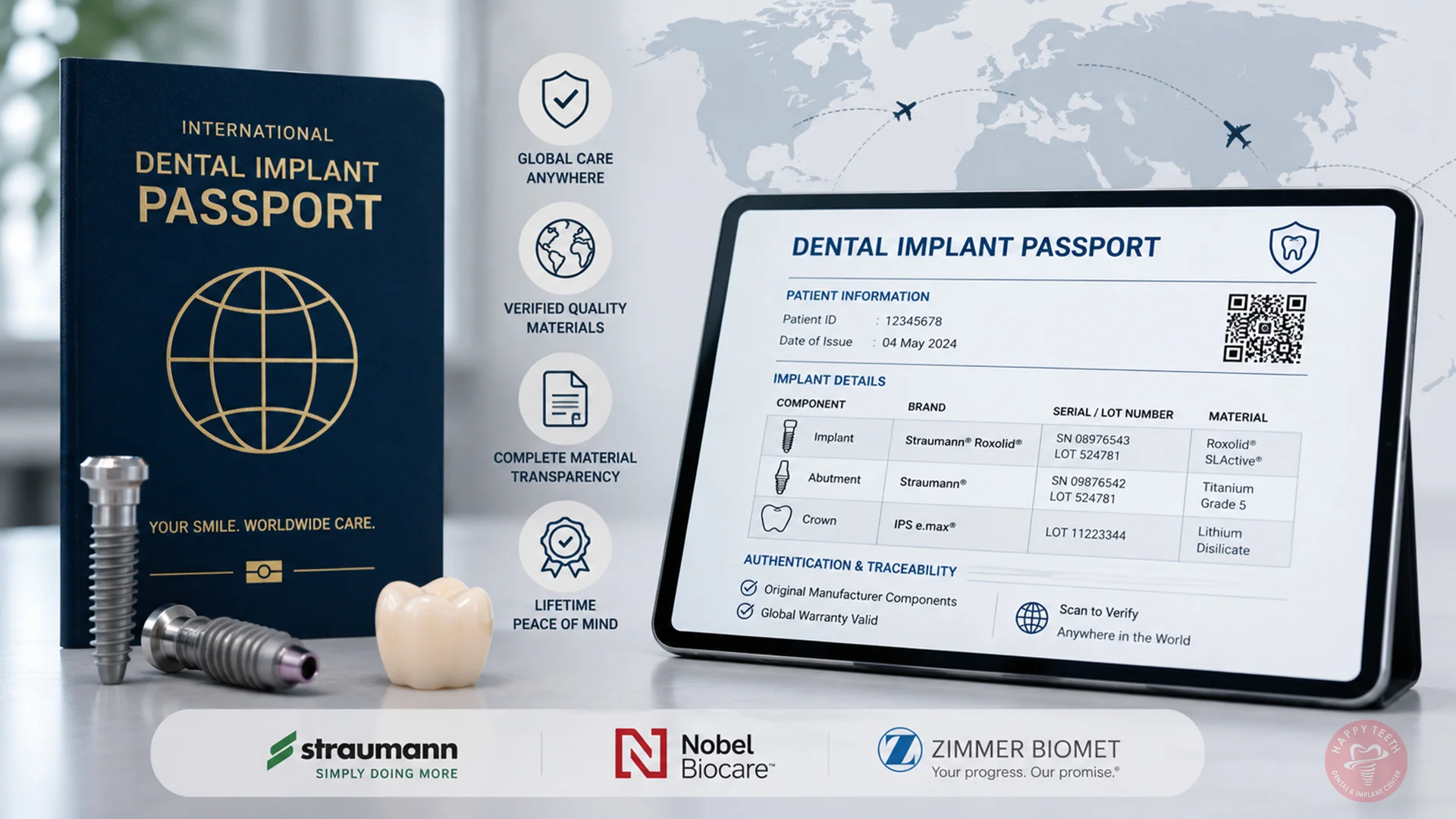 An official international dental implant passport displaying component serial numbers and batch details for a patient receiving dental implants in India.