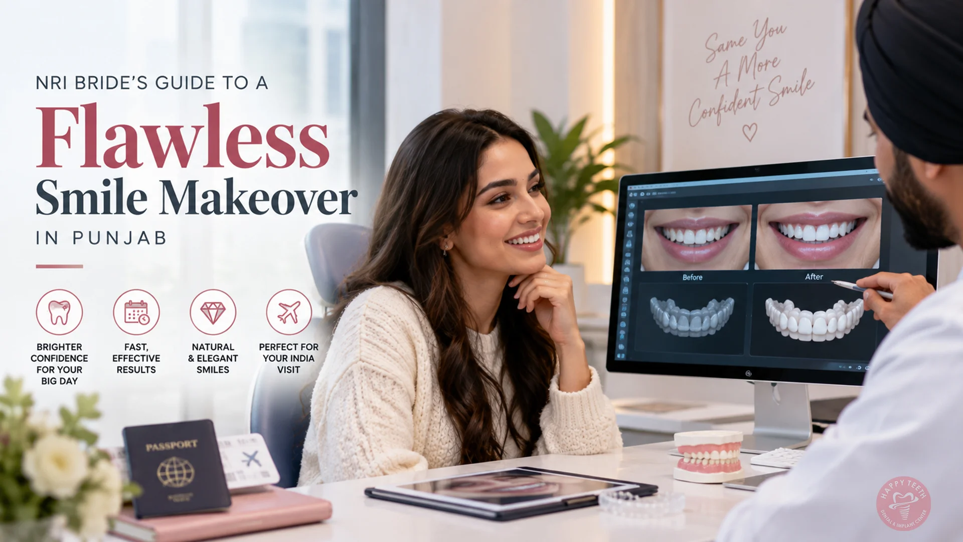 An NRI bride reviewing her digital Smile Makeover in Punjab with Dr. Simranjeet Singh at Happy Teeth Dental & Implant Centre.