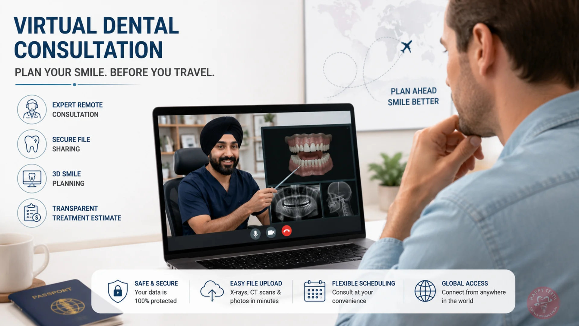 An international patient engaged in a remote Virtual Dental Consultation with Dr. Simranjeet Singh at Happy Teeth Dental & Implant Centre.